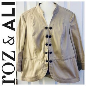 Roz & Ali Blazer Jacket Military Brass Button tan khaki peplum casual cotton 1X